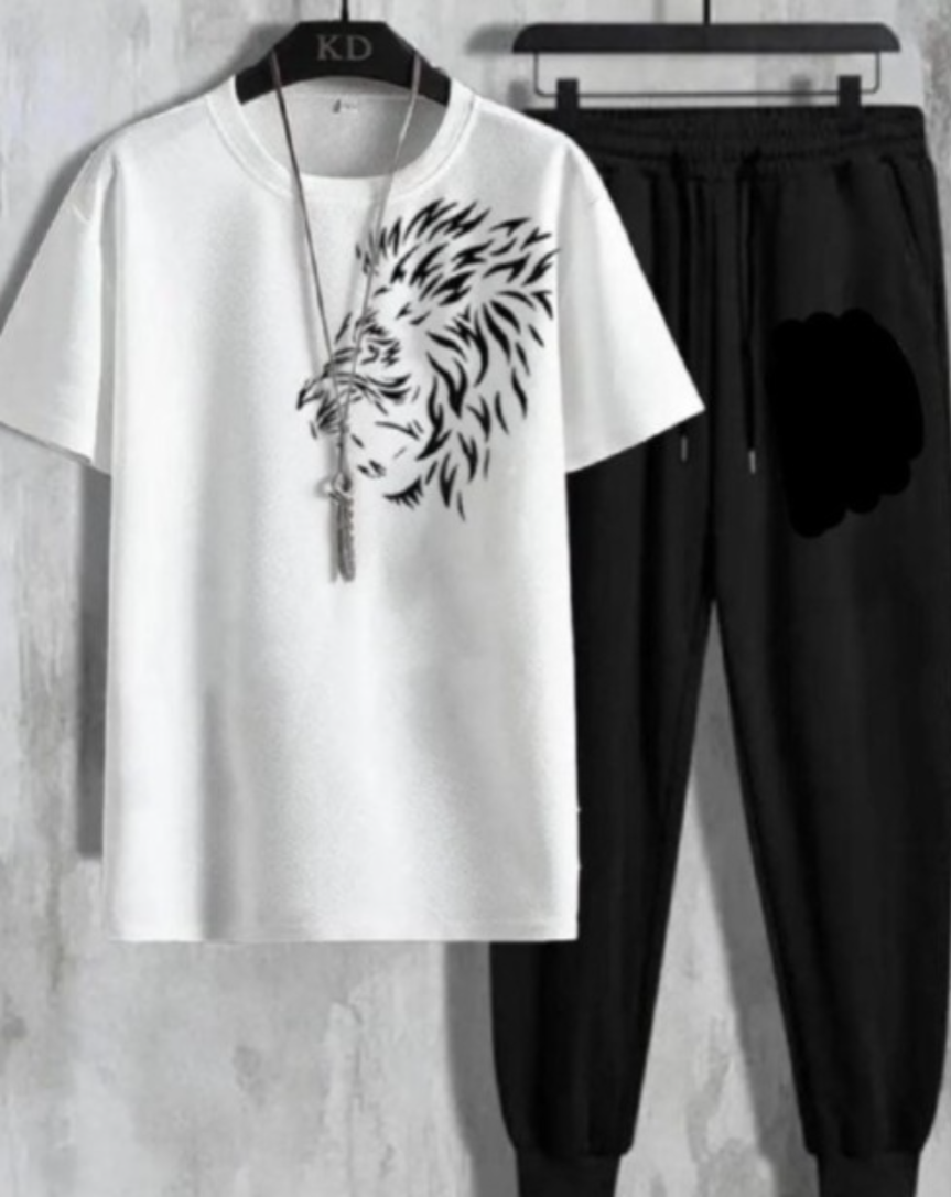 Men’s Summer T-Shirt & Trouser Set – Graphic Printed White Tee with Black Trouser | Style Hub
